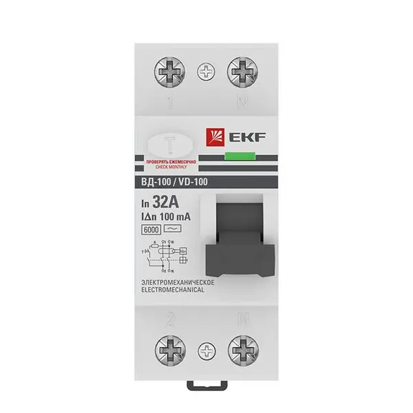 Устройство защитного отключения ВД-100 2P 32А 100мА (тип АС, электромеханическое) 6кА EKF PROxima Устройство защитного отключения ВД-100 2P 32А 100мА (тип АС, электромеханическое) 6кА EKF PROxima