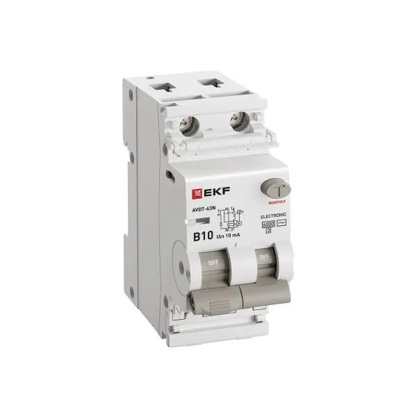 Автоматический выключатель дифференциального тока АВДТ-63N 1P+N 10А 10мА характеристика B тип AC электронный 6кА PROXIMA EKF Автоматический выключатель дифференциального тока АВДТ-63N 1P+N 10А 10мА характеристика B тип AC электронный 6кА PROXIMA EKF
