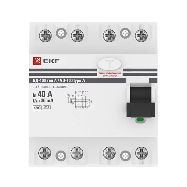 Устройство Защитного Отключения ВД-100 4P 40А/ 30мА (электр, тип А) EKF PROxima Устройство Защитного Отключения ВД-100 4P 40А/ 30мА (электр, тип А) EKF PROxima