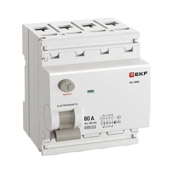 Выключатель дифференциального тока ВД-100N 4P 80А 100мА тип A эл-мех 6кА PROXIMA EKF Выключатель дифференциального тока ВД-100N 4P 80А 100мА тип A эл-мех 6кА PROXIMA EKF