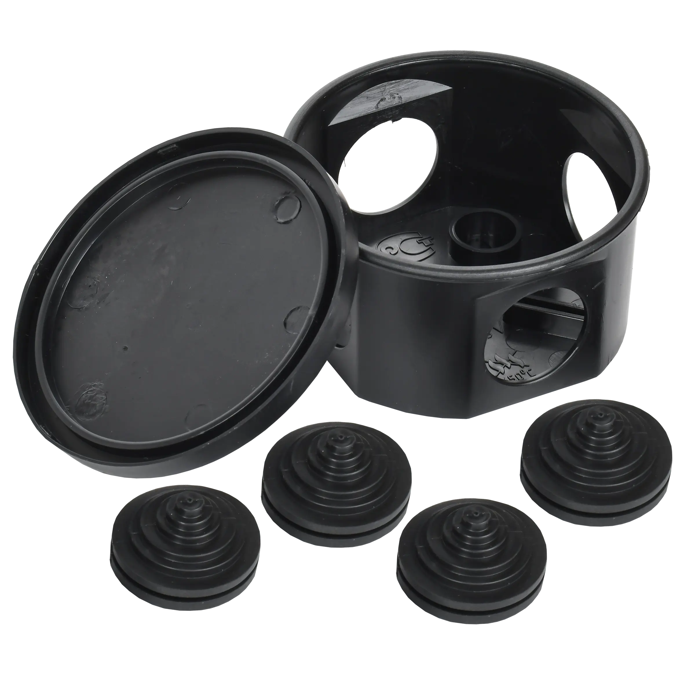 Коробка распаячная КМ41237 для открытой проводки с защелкивающейся крышкой безгалогенная (HF) D=75х40мм IP44 4 гермовводов черная (RAL 9005) IEK Коробка распаячная КМ41237 для открытой проводки с защелкивающейся крышкой безгалогенная (HF) D=75х40мм IP44 4 гермовводов черная (RAL 9005) IEK