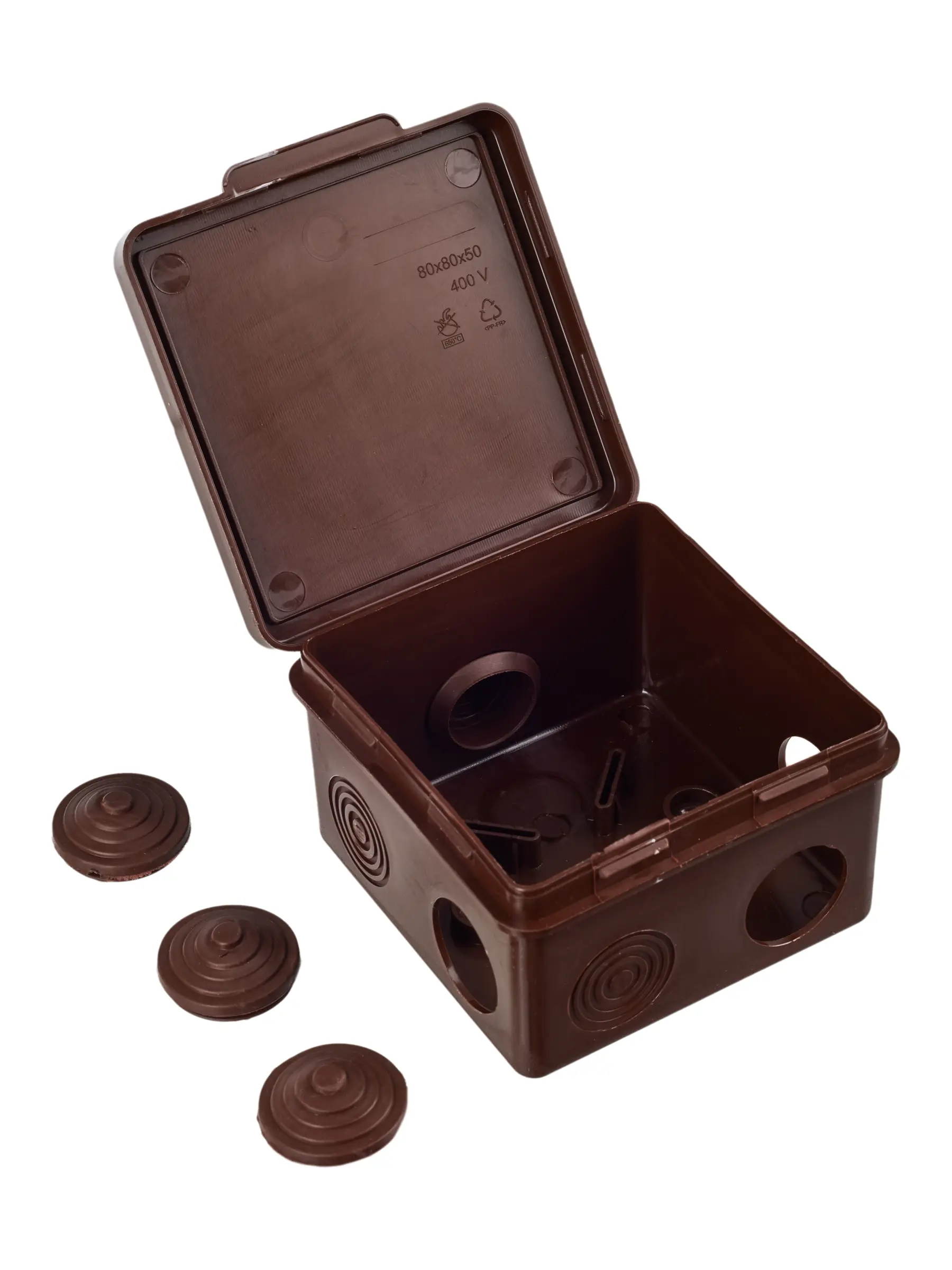 Коробка распаячная КМ для открытой проводки с откидной крышкой 80х80х50мм IP54 7 гермовводов дуб IEK