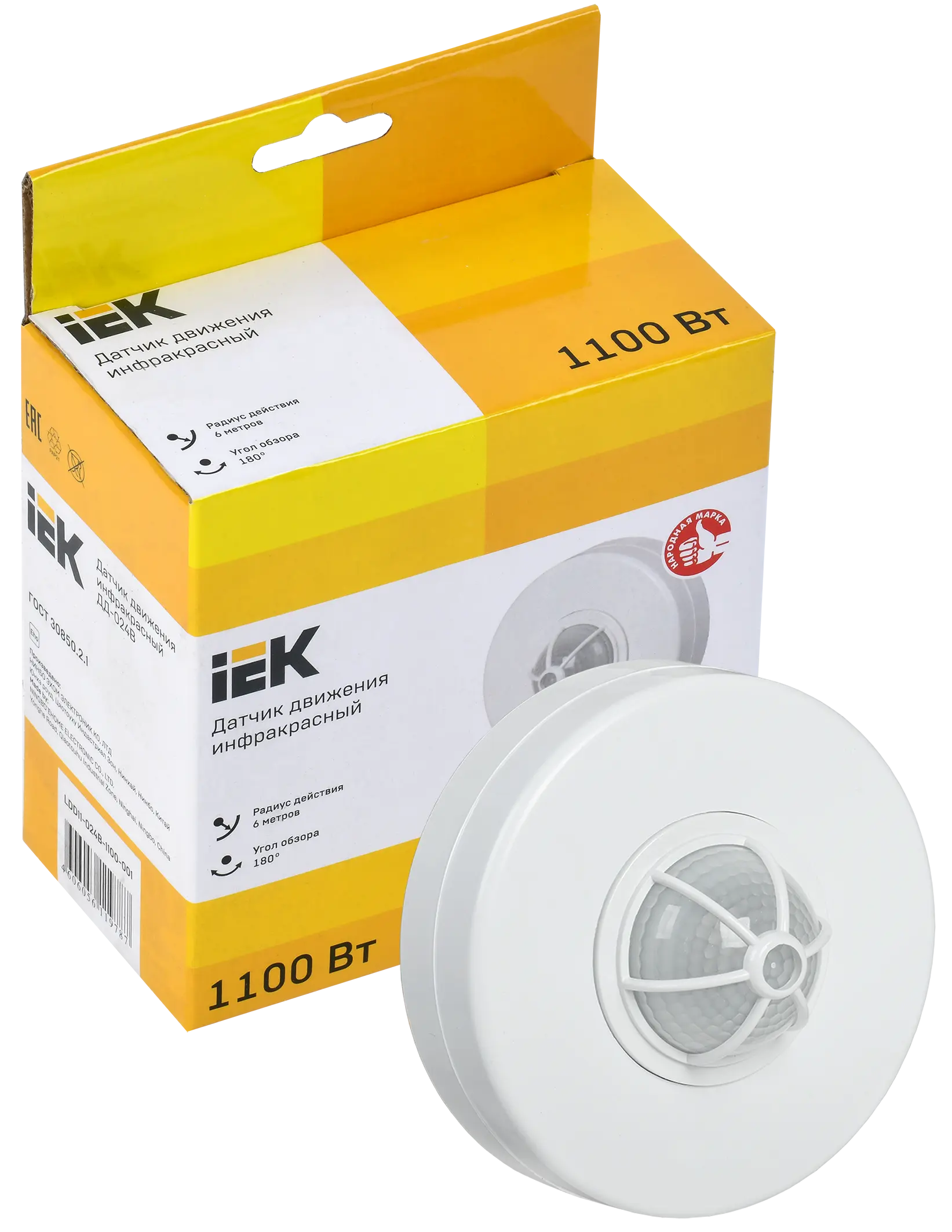 Датчик движения ДД 024В белый, макс. нагрузка 1100Вт, угол обзора 180-360гр, дальность 6м, IP33, IEK