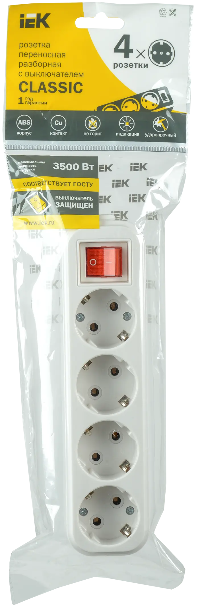 Розетка переносная разборная с заземлением с выключателем К04В 4 места CLASSIC IEK Розетка переносная разборная с заземлением с выключателем К04В 4 места CLASSIC IEK