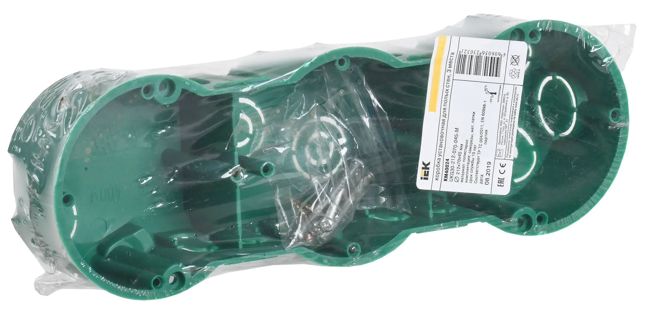 Коробка установочная КМ40024 трехместная для полых стен безгалогенная (HF) 212х70х45мм с саморезами и металлическими лапками IEK Коробка установочная КМ40024 трехместная для полых стен безгалогенная (HF) 212х70х45мм с саморезами и металлическими лапками IEK